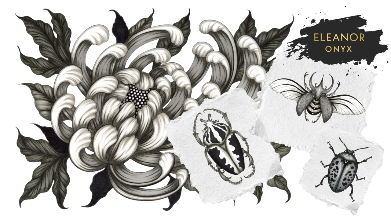 Eleanor Onyx chrysanthemum and beetle artwork